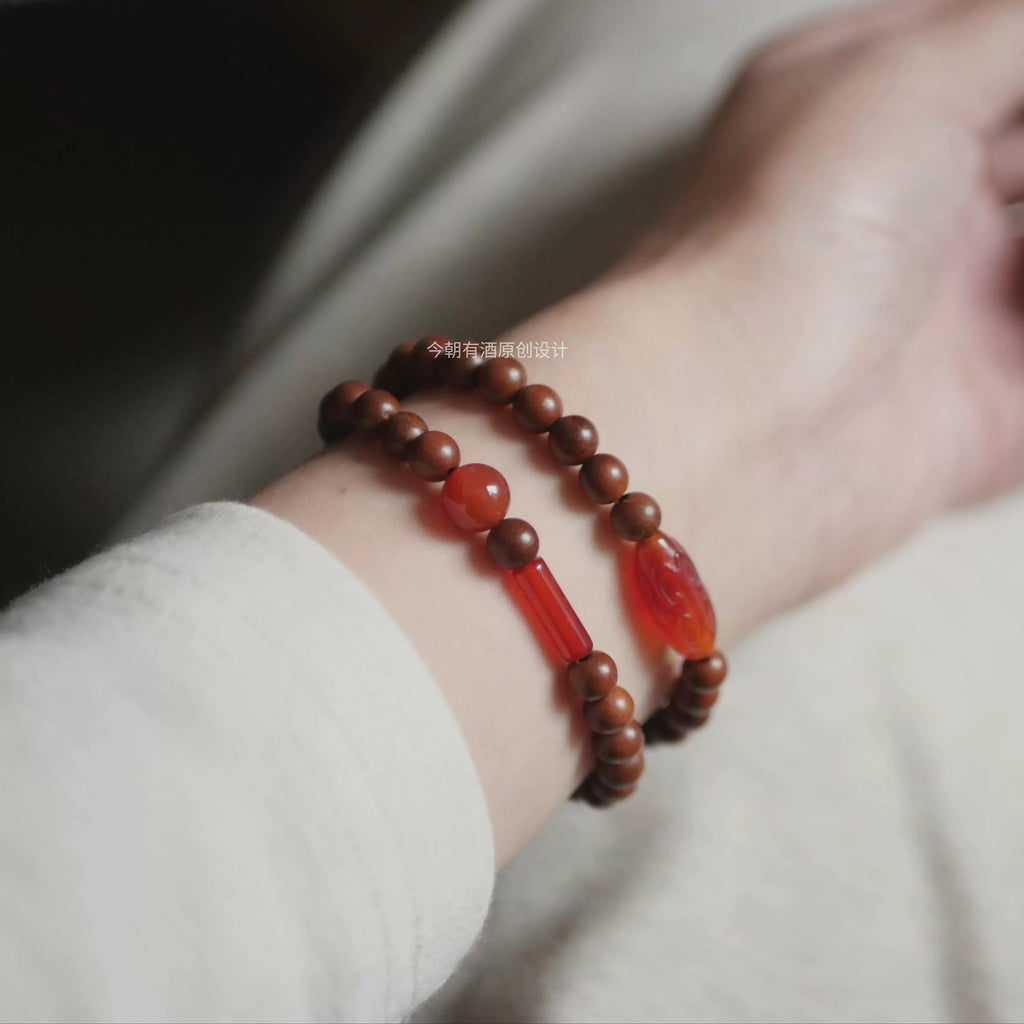 Evening Sunshine Lightning Jujube Wood Bracelet Buddha Beads with Red Agate