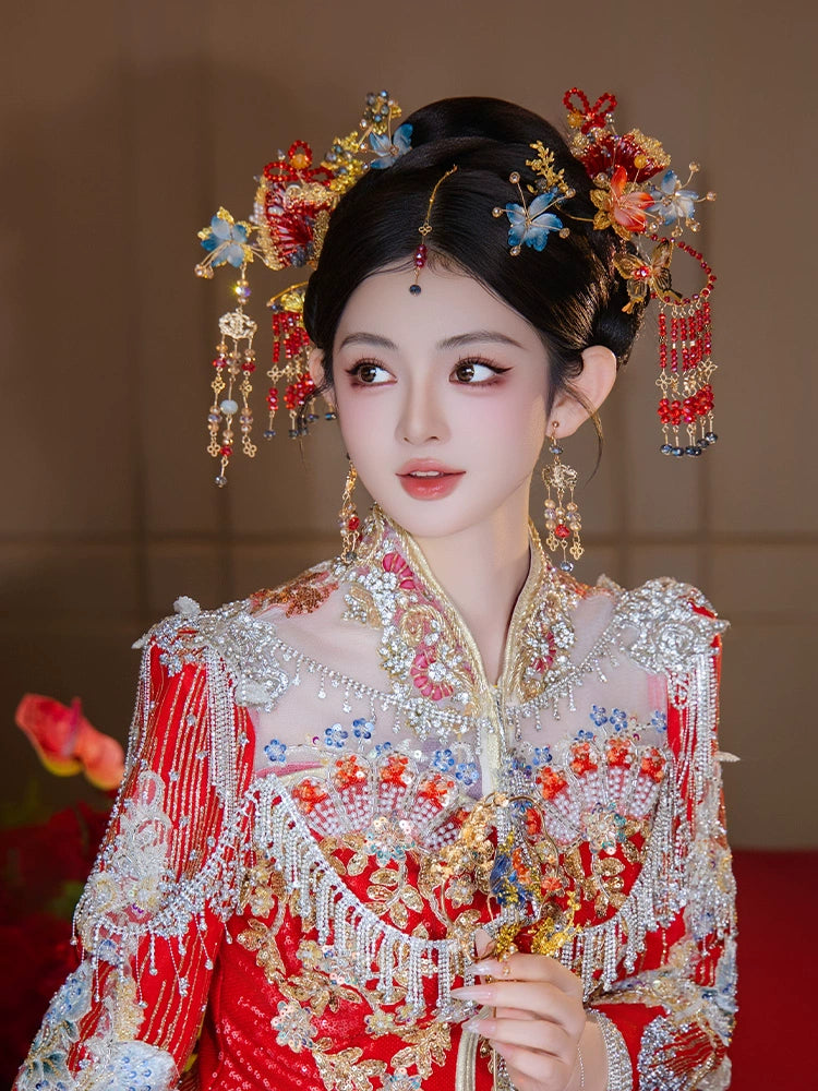 Red Floral Tassel Bridal Hair Accessories Traditional Chinese Wedding Hairpins