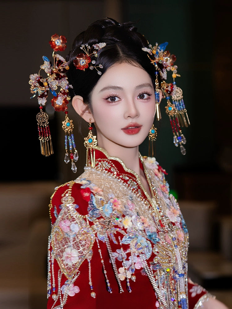 Unique Red and Blue Bridal Hair Accessories Chinese Wedding Headpiece for Hanfu and Xiuhe Dress
