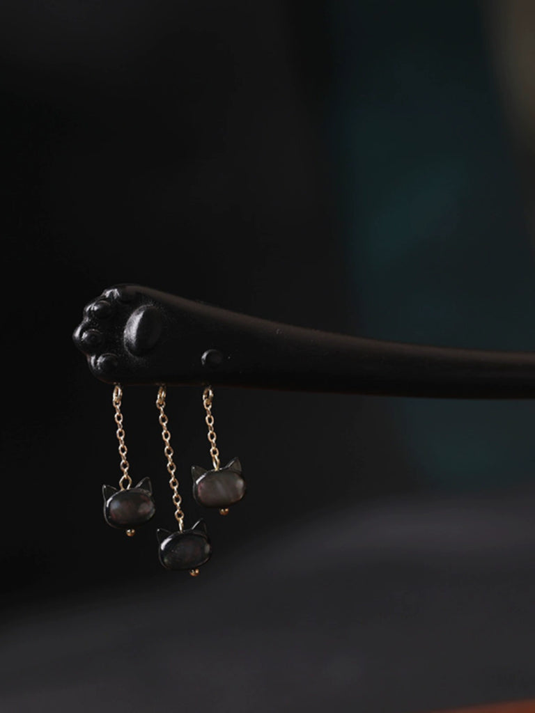 Lucky Cat Paw Cute Mother-of-Pearl Inlay Ebony Hair Stick