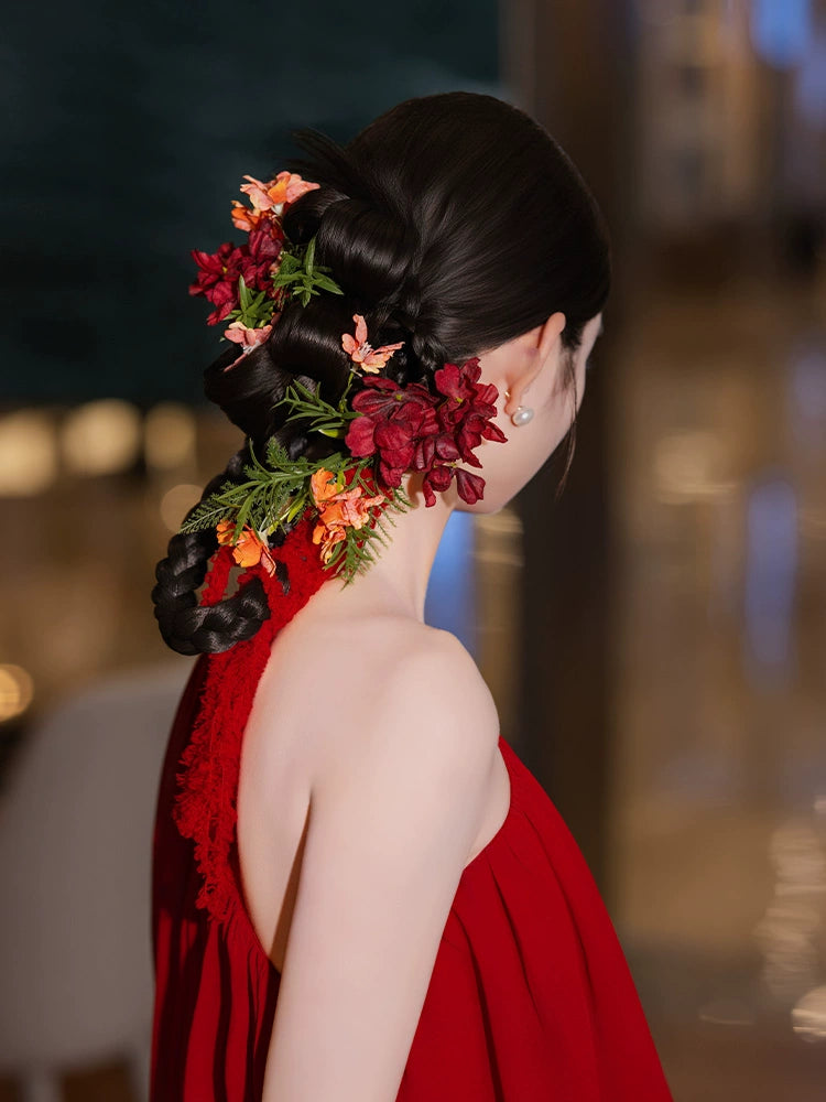 Handmade Red Floral Bridal Hair Clips Retro Chinese Wedding Hair Accessories for Qipao and Cheongsam Dress