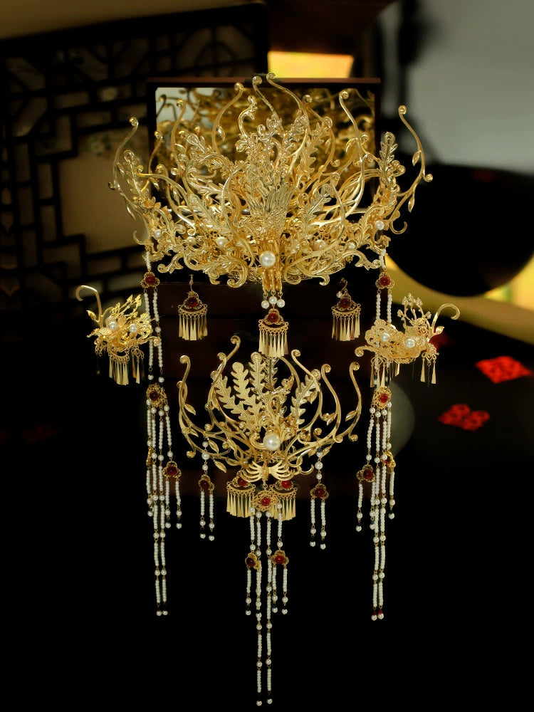 Gold Phoenix Crown Bridal Headpiece Long Tassel Chinese Wedding Hair Accessories for Hanfu Bride