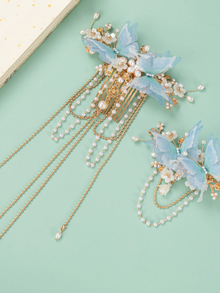 Back Hair Pin: Blue Butterflies with Tassels