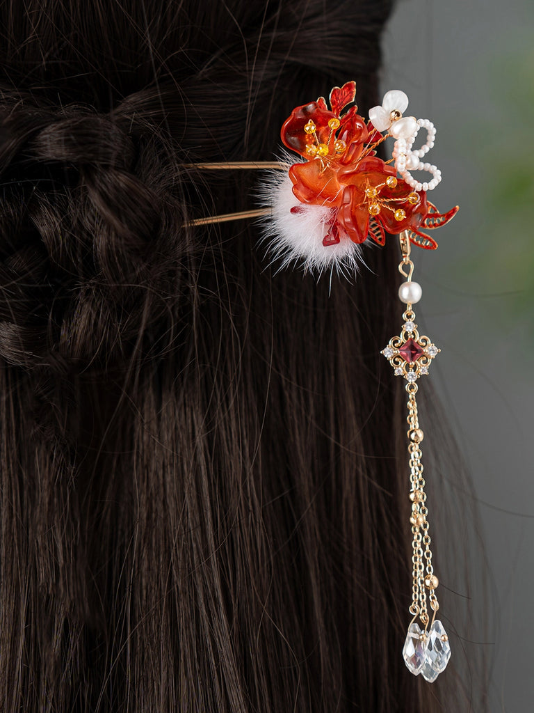 Snow Velvet Red Peony Traditional Hair Stick for Hanfu & Cheongsam