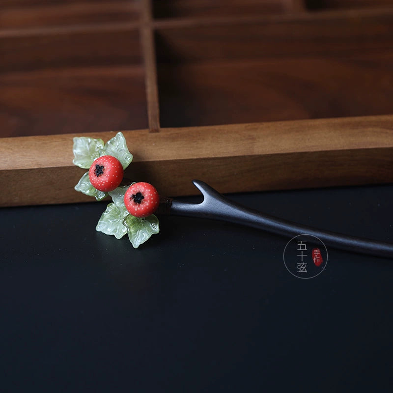 Hawthorn Fruit Handmade Vintage Ebony Hair Stick for Hanfu and Daily Wear