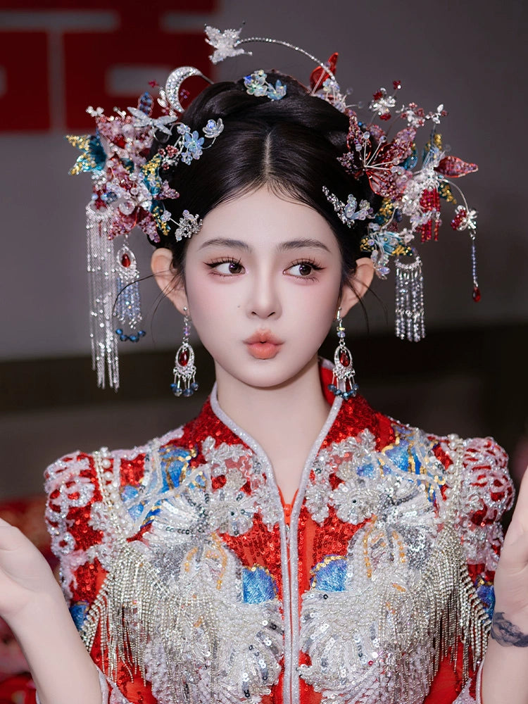 Silver Butterfly and Red Flower Bridal Hairpin Traditional Chinese Wedding Hair Accessories