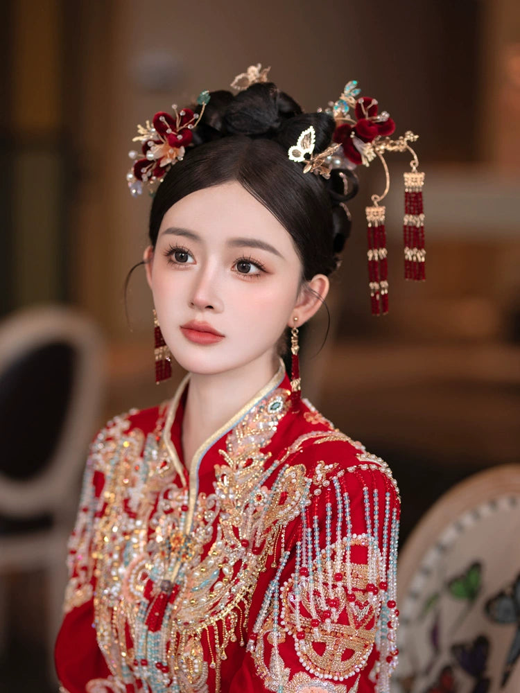 Red Velvet Butterfly Bridal Hairpin Tassel Chinese Wedding Headpiece for Xiuhe Dress