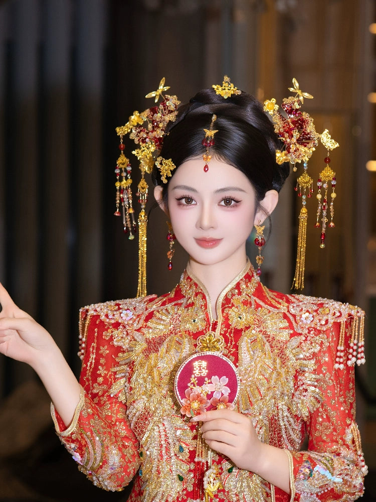 Golden Phoenix Bridal Hairpin with Forehead Pendant Chinese Wedding Headpiece