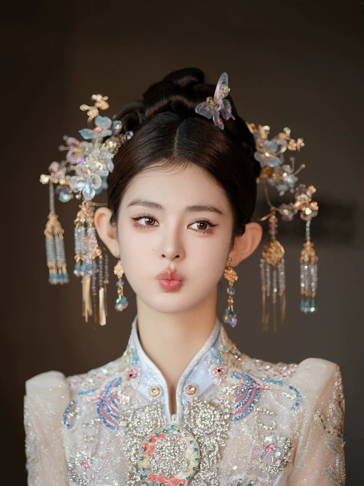 Blue Butterfly Bridal Hairpin Glass Flower Tassel Chinese Wedding Hair Accessories for Xiuhe Dress