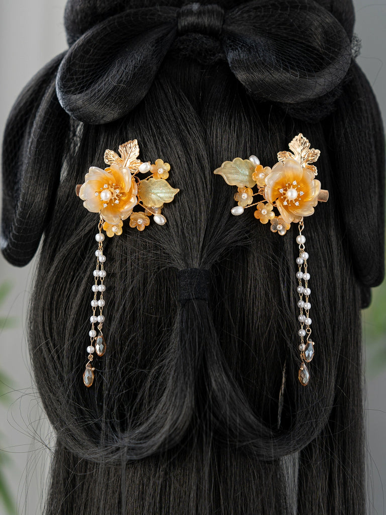 Retro Amber Light Hair Accessories - Hanfu Hair Stick Set, Vintage Ethnic Style Headdress