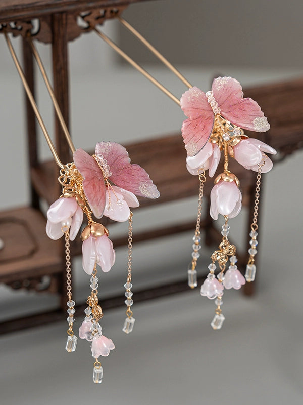 Peach Blossom & Magnolia Butterfly Hairpin Ancient Style Tassel Hair Stick for Hanfu & Cheongsam