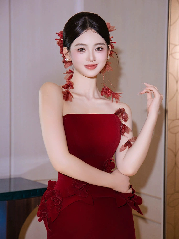 Red Floral Bridal Hair Accessories New Chinese Style Long Hairpins for Wedding and Banquet Cheongsam Dress