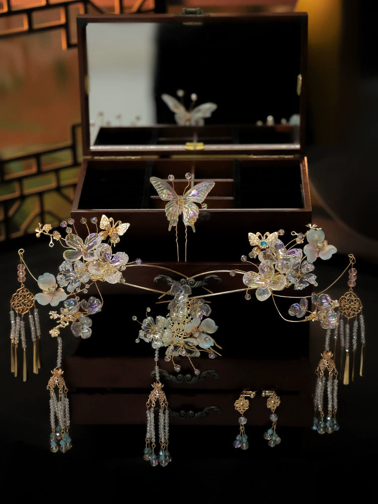 Blue Butterfly Bridal Hairpin Glass Flower Tassel Chinese Wedding Hair Accessories for Xiuhe Dress