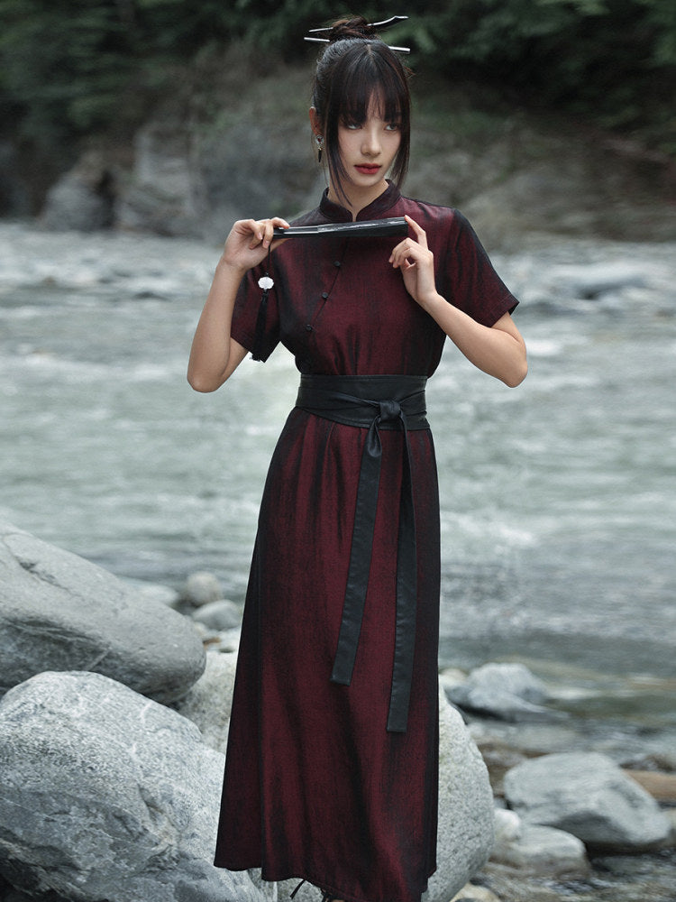 New Chinese Style Burgundy Cheongsam Dress
