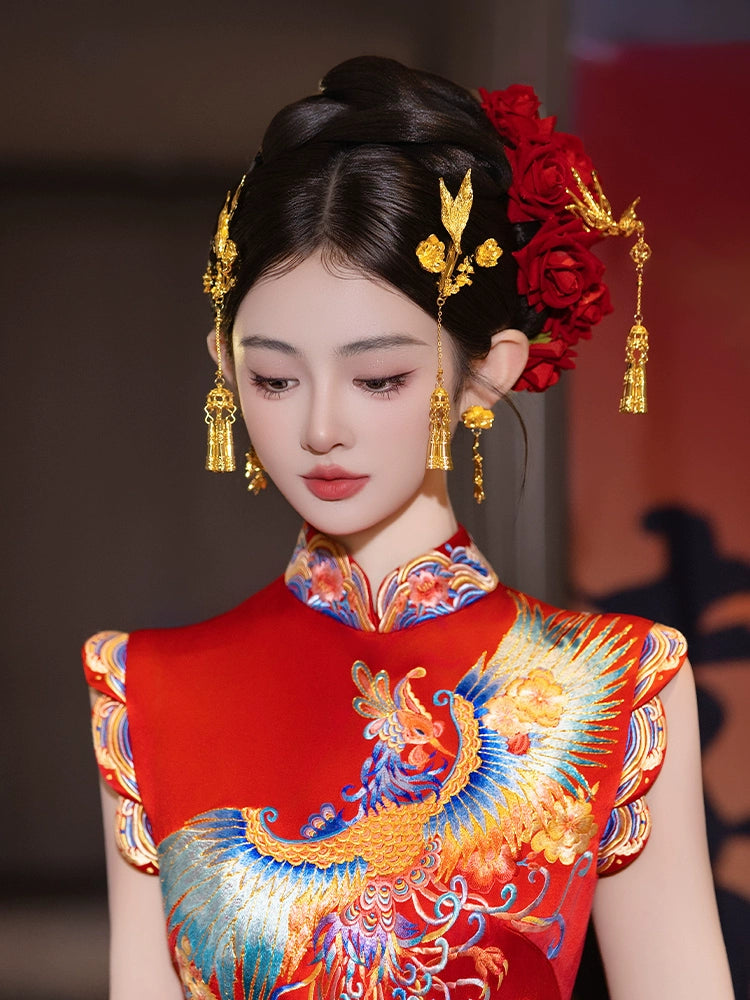 Chinese Bridal Hair Accessories Set Luxury Gold Dragon Phoenix Tassel Hairpins for Xiuhe and Qun Kwa Wedding Dress