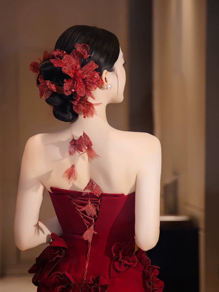 Red Floral Bridal Hair Accessories New Chinese Style Long Hairpins for Wedding and Banquet Cheongsam Dress