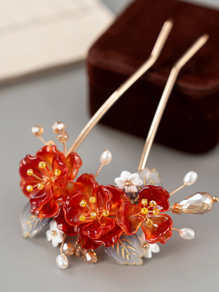 Festive Red Blossom Hair Accessories Hanfu Hairpin & Tassel Set for Traditional Hairstyles