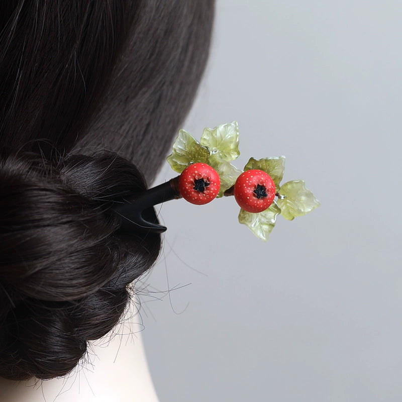 Hawthorn Fruit Handmade Vintage Ebony Hair Stick for Hanfu and Daily Wear