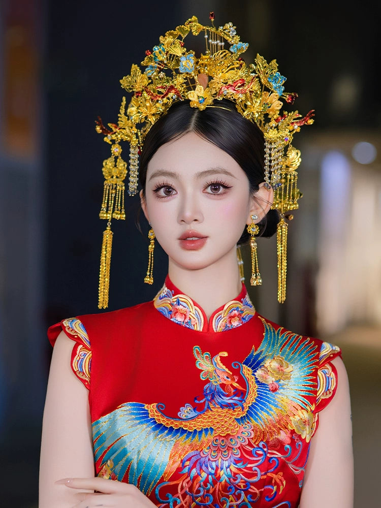 Luxury Phoenix Crown Bridal Headpiece Red and Blue Gem Accent with Gold Tassels for Chinese Wedding Qipao