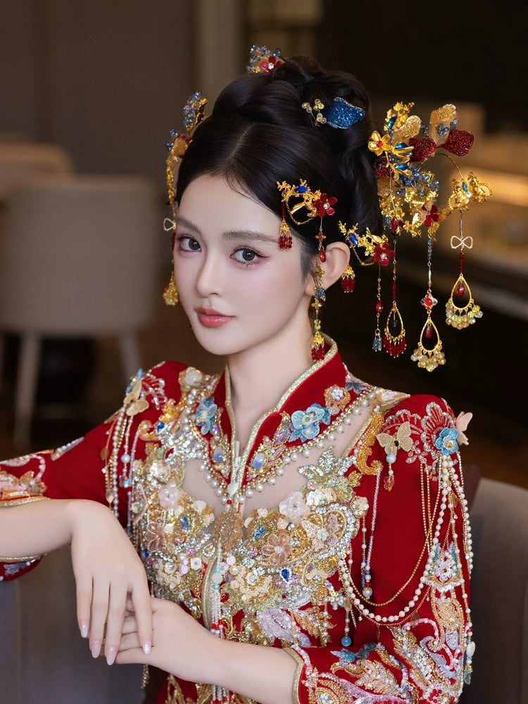 Red and Blue Tassel Bridal Hairpins Classical Floral Headpiece for Chinese Wedding Hanfu Xiuhe Dress