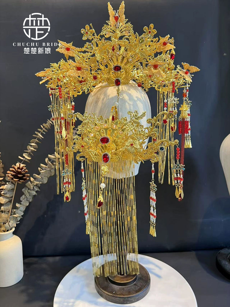 Golden Phoenix Charm - Traditional Chinese Hanfu Crown Luxury Gold Bridal Phoenix Tiara for Wedding Ceremony