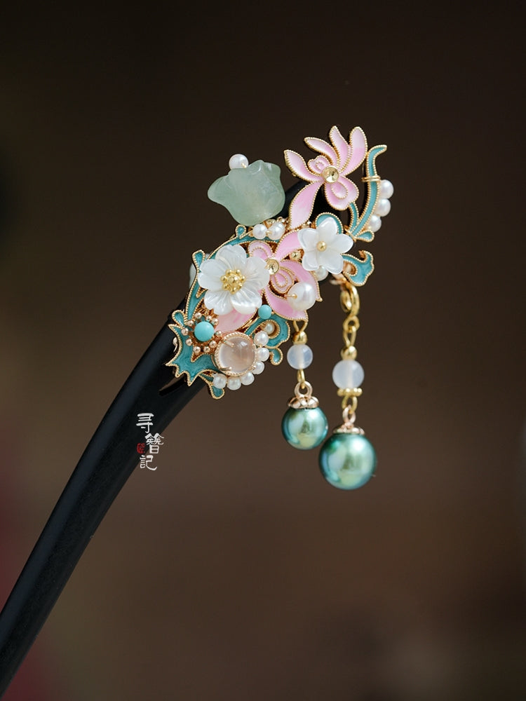 Ebony Tassel Hair Stick: Pink Orchids