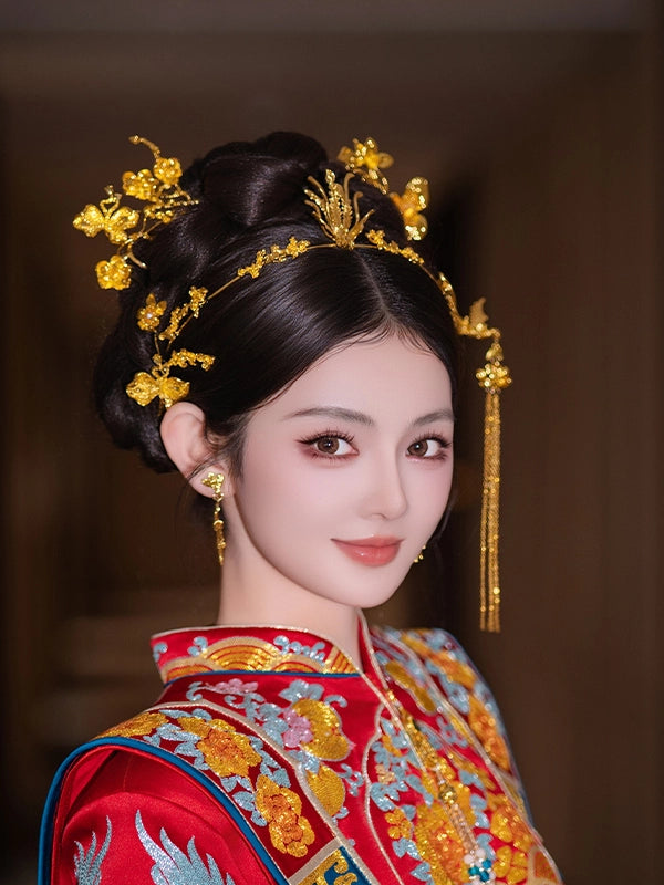Gold Phoenix Bridal Hairband and Hairpin Minimalist Chinese Wedding Accessories