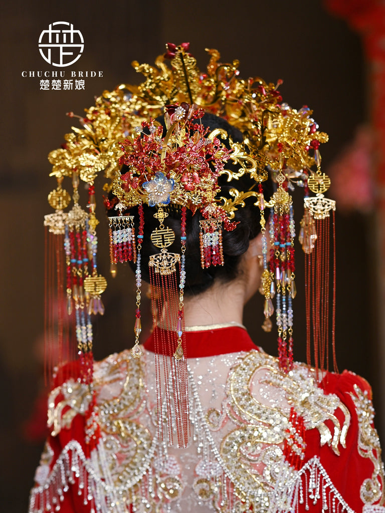 Dynasty Empress - Gold Red Phoenix Bridal Crown with Tassels for Hanfu Wedding Ceremony