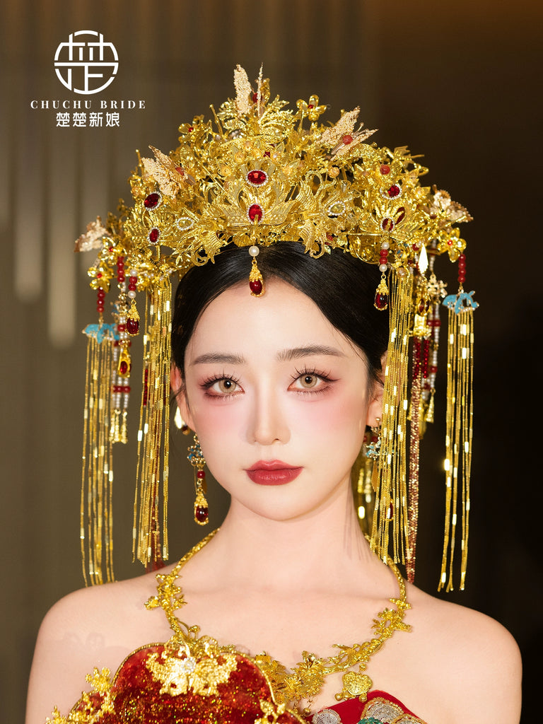 Golden Phoenix Charm - Traditional Chinese Hanfu Crown Luxury Gold Bridal Phoenix Tiara for Wedding Ceremony