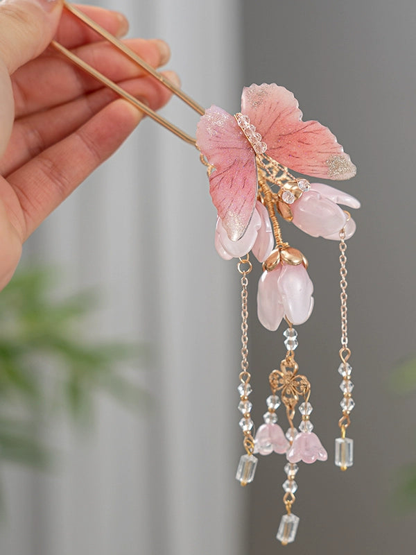 Peach Blossom & Magnolia Butterfly Hairpin Ancient Style Tassel Hair Stick for Hanfu & Cheongsam