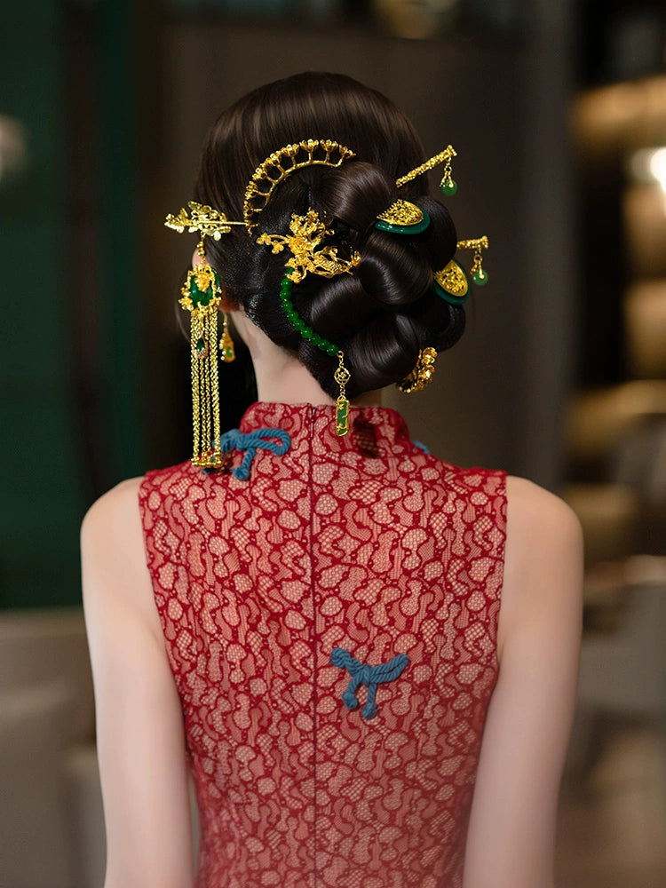 Vintage Gold Butterfly Bridal Hairpin Set Chinese Wedding Tassel Hair Accessories for Xiuhe Dragon Phoenix Dress