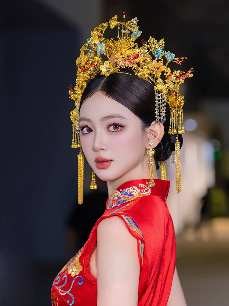 Luxury Phoenix Crown Bridal Headpiece Red and Blue Gem Accent with Gold Tassels for Chinese Wedding Qipao