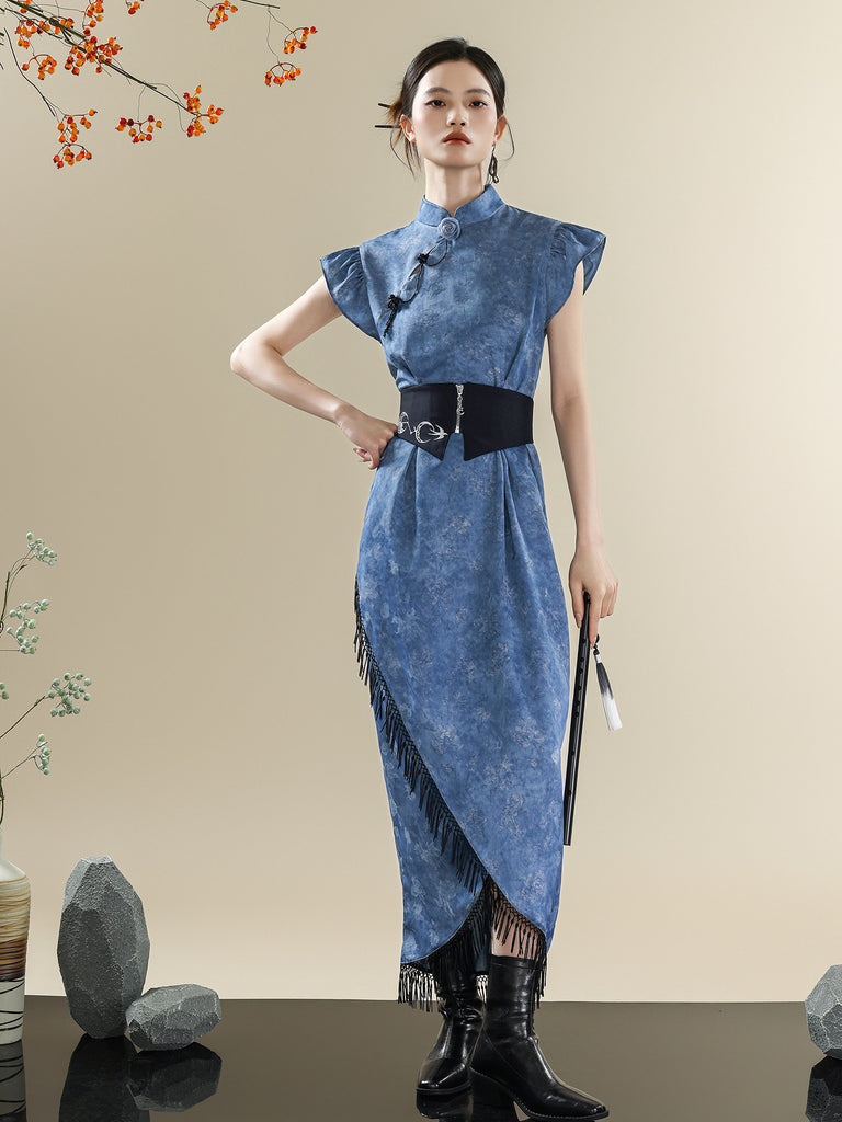 Blue Tie-Dye Modern Qipao Dress