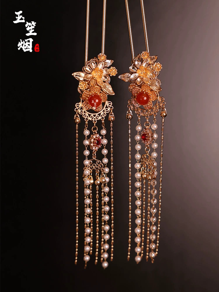 Hanfu Hair Accessories Set: Red Cherry Blossom