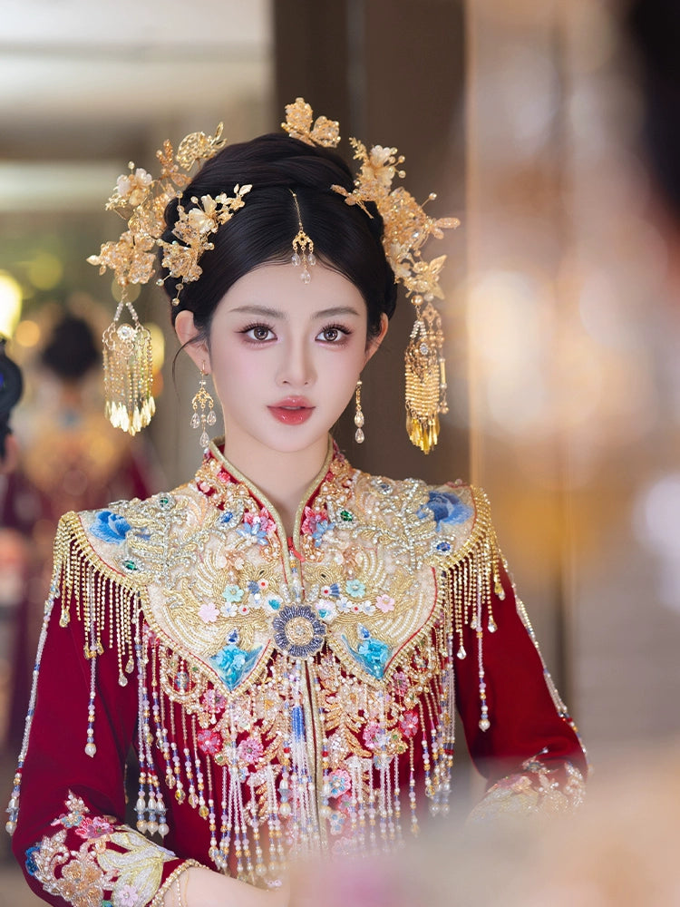 Champagne Bridal Hair Accessories Elegant Chinese Wedding Headpiece with Tassels and Forehead Pendant for Xiuhe and Hanfu