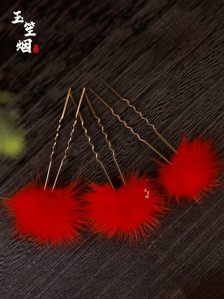 Hanfu Hair Pins: Red Furballs