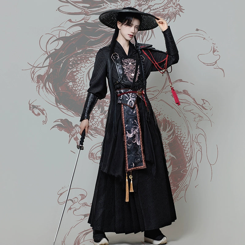 Burning Night 焚夜 - Red and Black Cross-Collar Hanfu Set, Wuxia