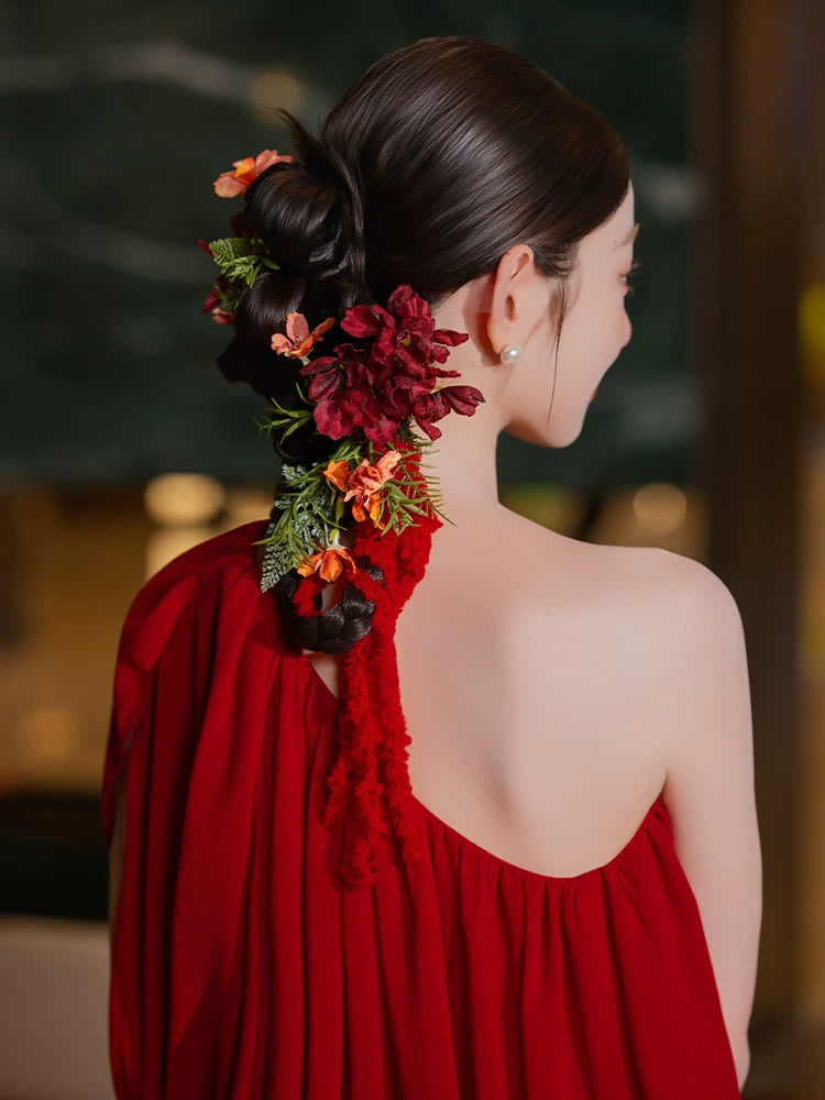 Handmade Red Floral Bridal Hair Clips Retro Chinese Wedding Hair Accessories for Qipao and Cheongsam Dress
