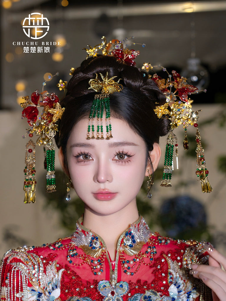 Jade Rose Charm - Red Green Contrast Hanfu Bridal Hairpin Phoenix Crown for Traditional Xiuhe Wedding Style