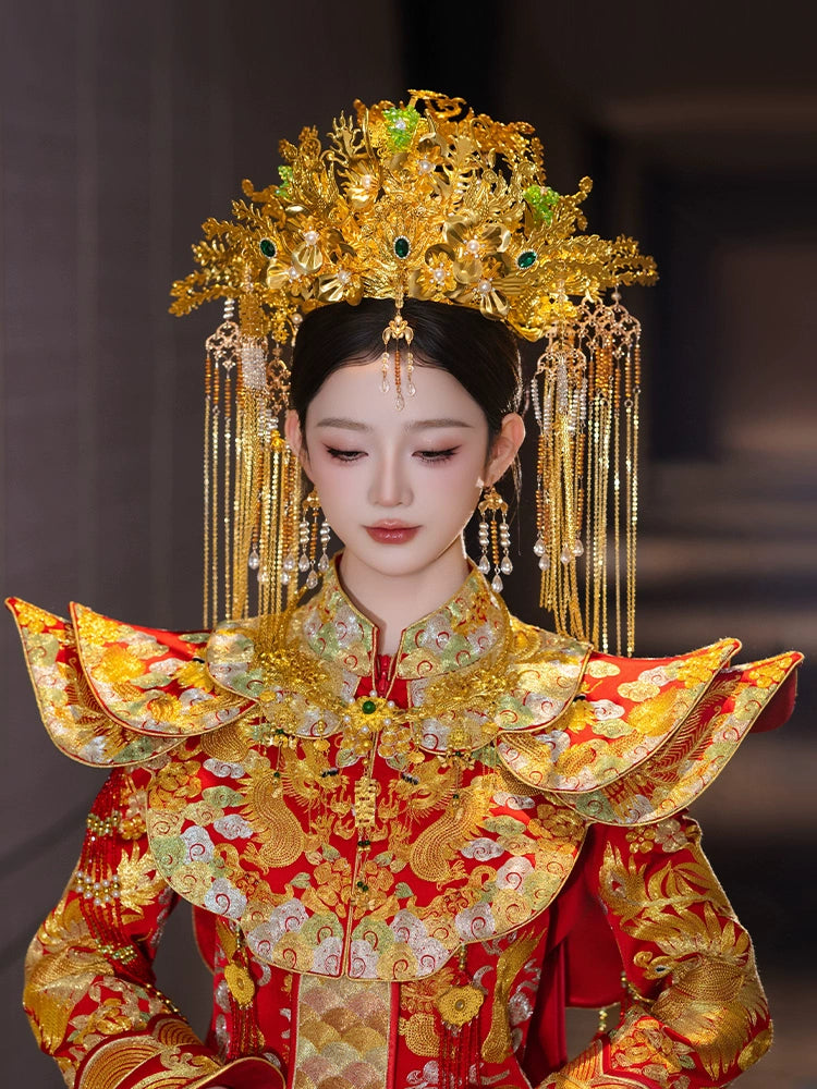Gold Phoenix Crown Bridal Headpiece Chinese Wedding Hair Accessories with Forehead Pendant
