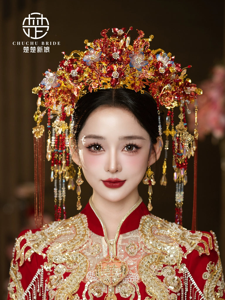 Dynasty Empress - Gold Red Phoenix Bridal Crown with Tassels for Hanfu Wedding Ceremony
