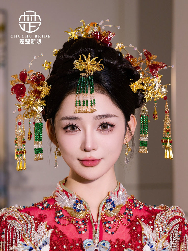 Jade Rose Charm - Red Green Contrast Hanfu Bridal Hairpin Phoenix Crown for Traditional Xiuhe Wedding Style