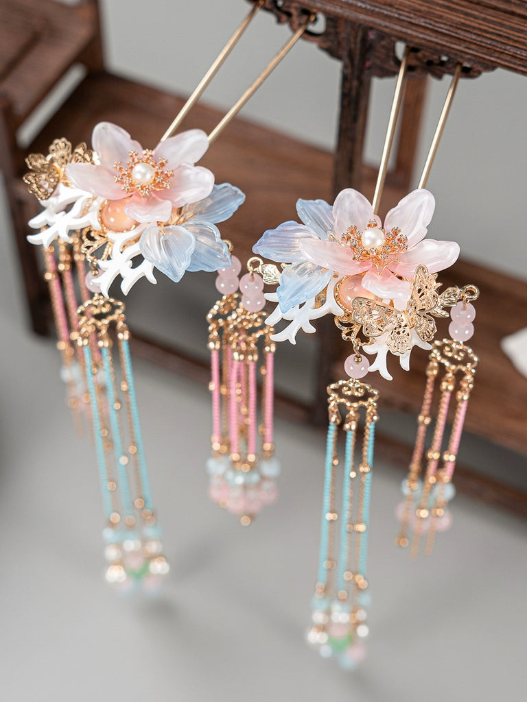 Pink & Blue Fairy Tassel Hairpin Handmade Ancient Style Hanfu & Cheongsam