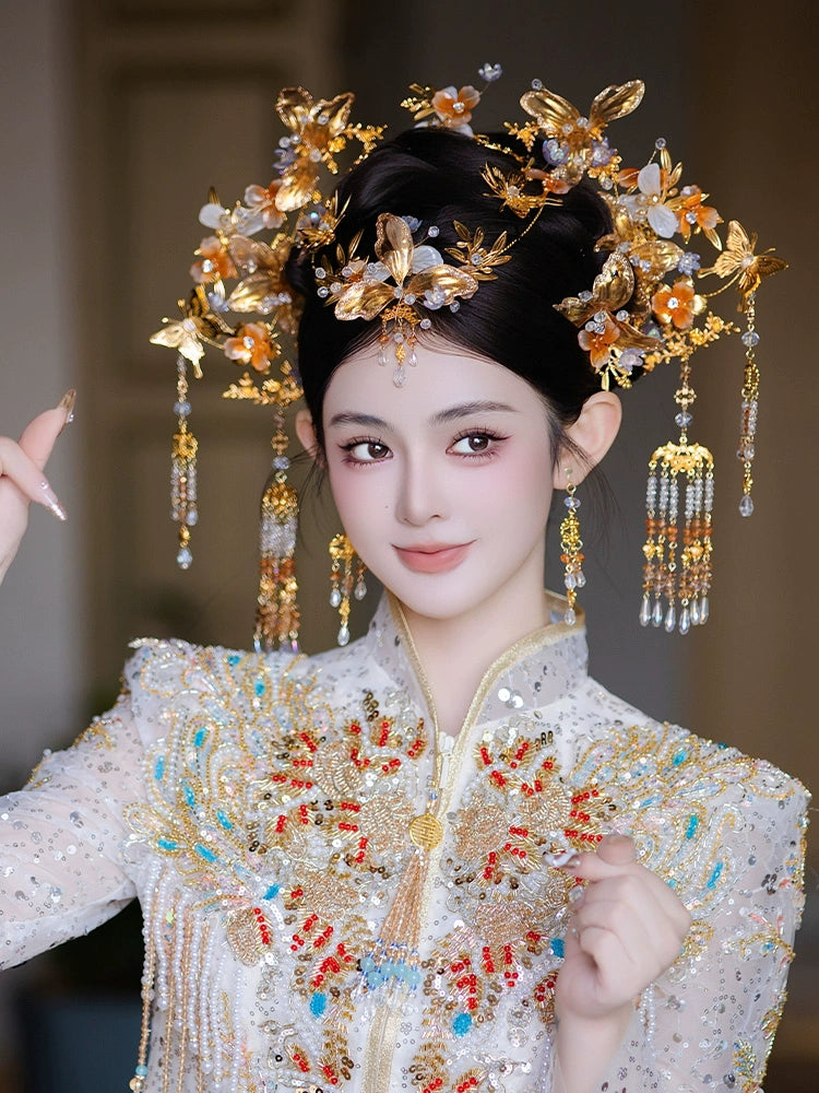 Champagne Floral Tassel Bridal Hairpin Elegant Glass Chinese Wedding Hair Accessories