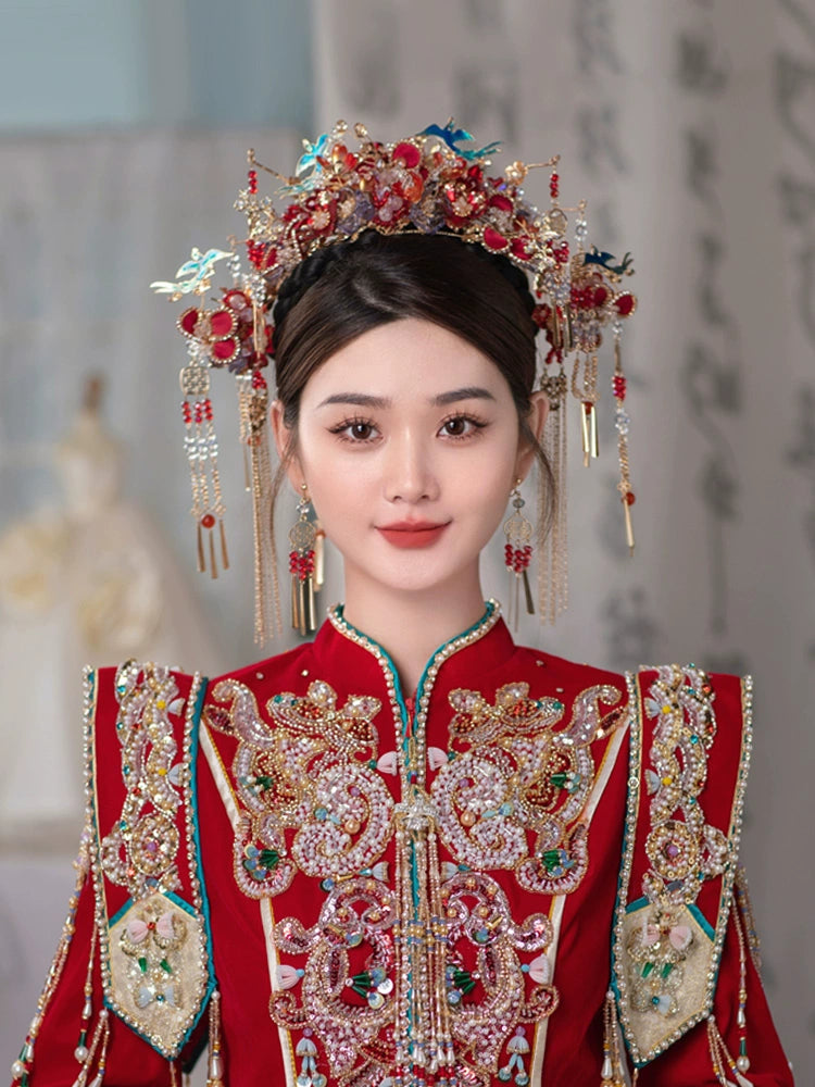 Red and Blue Phoenix Crown Bridal Headpiece Handmade Tassel Chinese Wedding Hair Accessories for Hanfu Bride