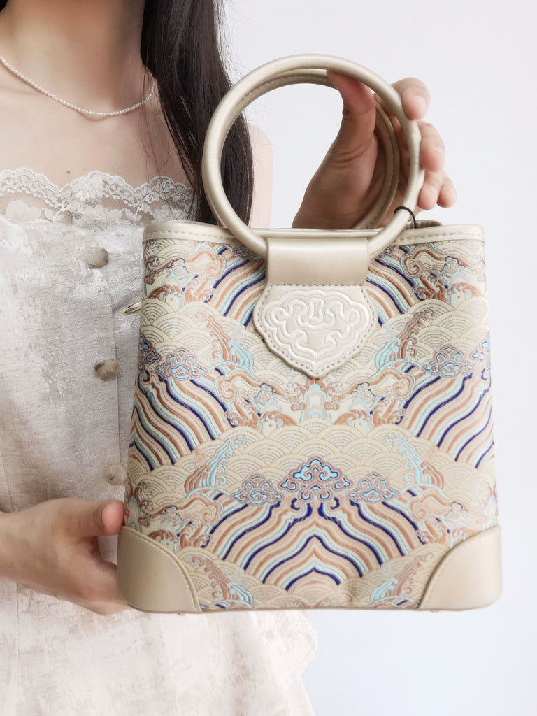 River and Cliffs Song Brocade Bucket Bag for Women