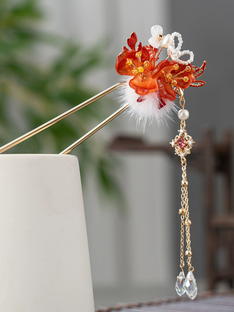 Snow Velvet Red Peony Traditional Hair Stick for Hanfu & Cheongsam