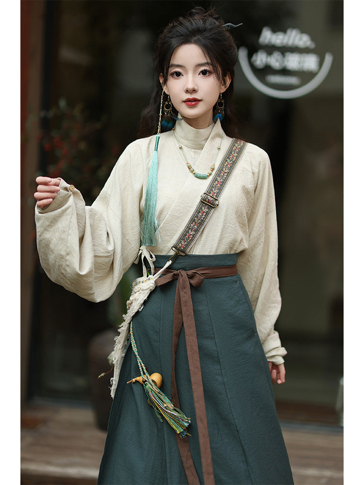 Jin Dynasty Modern Hanfu Linen Blend Curved Collar Top and Wrap Skirt ...