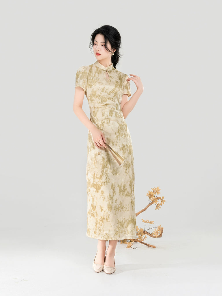 New Chinese Style Short Sleeve Qipao Summer Dress - Apricot Branch Hanfu Story New Chinese Style Short Sleeve Qipao Summer Dress - Apricot Branch Hanfu Story