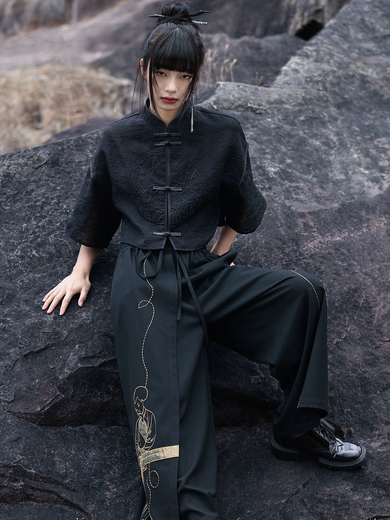 New Chinese Style Buckle Top Retro Dark Pattern Crop Top